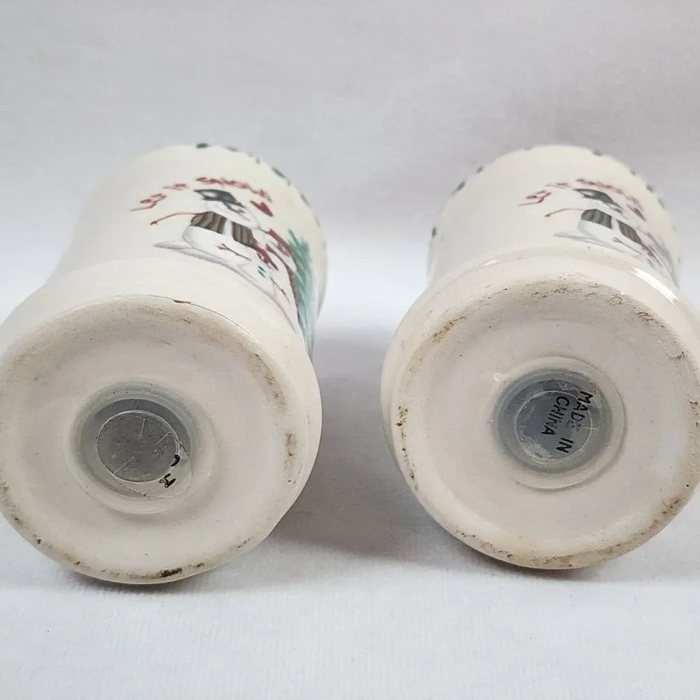 Let It Snow Snowman Ceramic Salt and Pepper Shaker Set Green Speckled Top
